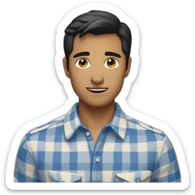 Tan man with short black hair and a gingham white/marine blue buttoned collar shirt sticker