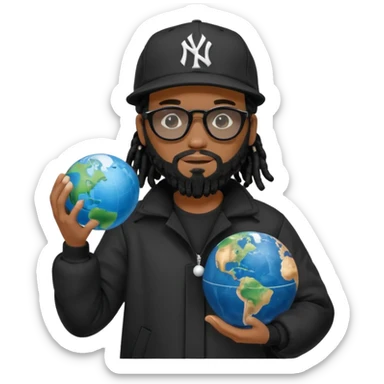 African American man with shoulder length black dreadlocks with black beard wearing black sunglasses wearing a black New York Yankees logo baseball cap wearing a black bubble winter coat holding a Globe in his hands sticker