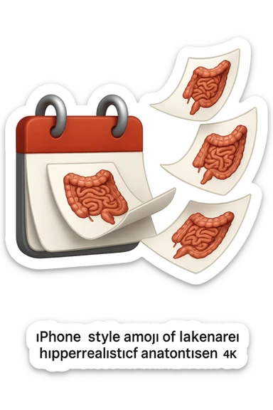 emoji stile iphone di un calendario con fogli che volano insieme, sui fogli ci sono disegnati degli intestini anatomici, iperrealistico 4k, isolato su sfondo bianco sticker