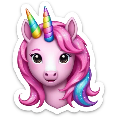 pink glitter unicorn emoji with rainbow mane and rainbow horn sticker