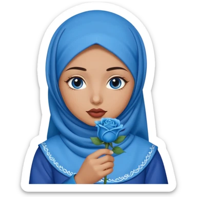 Turkish beautiful finish Konya girl blue eyes with blue hijab islamic dress and had on her hand blue rose design lipstick and hold it sticker