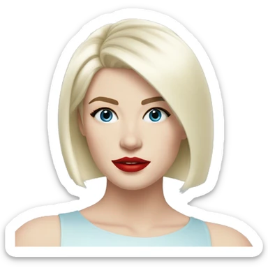 platinum blonde young woman, coral red lips, blue yes, pale skin, straight hair, shoulder length bob haircut sticker