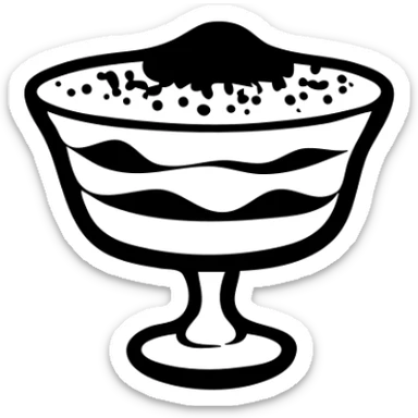 Tiramisu dessert in a glass dish with layers and cocoa powder on top sticker