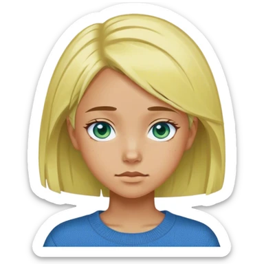 A girl with bland yellowish hair that is about 16 and has blue eyes has tan skin and is wherein a sweater that is blue and shorts that are green. Her hair reches down on herneck and an inch. she is tall  sticker