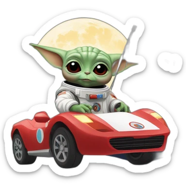 baby yoda unicorn driving a red ferrary in an astronaut suit with peace flag on the moon sticker