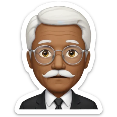 An elderly man emoji with medium-dark skin tone, long face, white hair on the sides, glasses, light eyebrows, and a light white beard. sticker