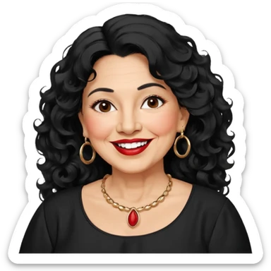 60 yr old Mexican woman, slightly chubby, wavy/curly long black hair, red lipstick, big smile, white teeth, brown eyes, hoop earings, side part to hair, round face, nice blouse, no wrinkle hair side swept, big hoop earing sticker