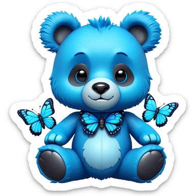 3D, adorable little Pixar style blue neon punk bear with a butterfly, ultra detailed, each lash, eye, and strand of fur is shown in stunning detail as though captured in a timeless photograph, rich textures, visually rich, so lifelike it feels like it could leap off the page at any moment sticker