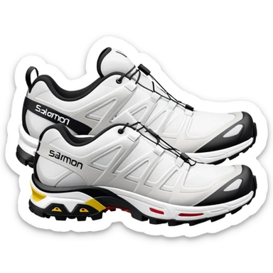 Ultra minimalist white Salomon XT-6 shoes, extremely simplified iOS emoji style, one behind the other, flat colors, very basic lines, essential details only, clean design sticker