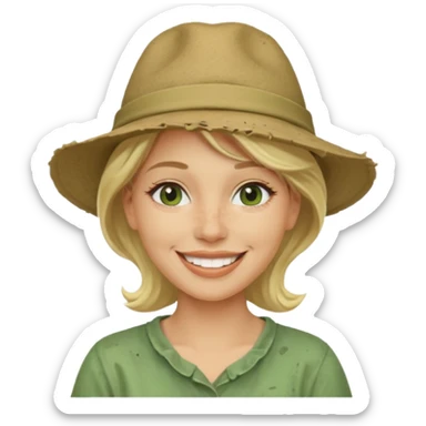messy green clay mask and tourist hat blond woman  smiling and clay mask on face sticker