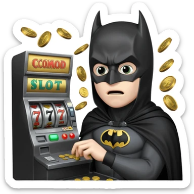 disheveled bat man losing money at a slot machine, panicked face, coins flying sticker