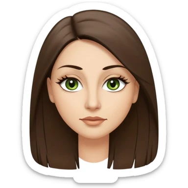 40 year old Adult woman avatar, light skin tone, oval face, long straight ashy brown hair, green almond-shaped eyes with dramatic eyelashes and minimal eyeliner, neutral mouth, medium straight eyebrows, small nose, smooth skin sticker