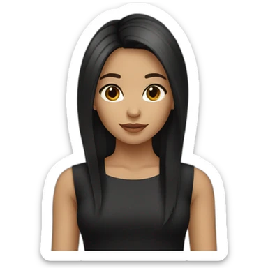 girl She has brown eyes, long dark hair, straight and styled. She has an olive skin tone and wears black clothing, which contrasts with her fair complexion. sticker