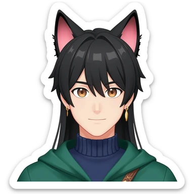Tighnari from Genshin Impact; anime man with long-straight-dark-black hair, long black fox ears with pink Scapha, colorful-gradient-brown-turquoise eyes, gold earring, dark-blue-sweater, green cape, white pupils sticker