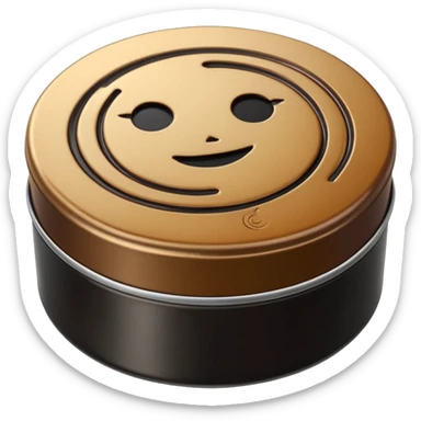 small round metal tin, slightly opened to reveal glossy dark wax inside black or brown, smooth reflective surface with soft circular swirls, low profile tin with subtle metallic sheen, no brush cloth or shoes, apple emoji style, soft lighting, subtle shadows, transparent background, emoji scale sticker