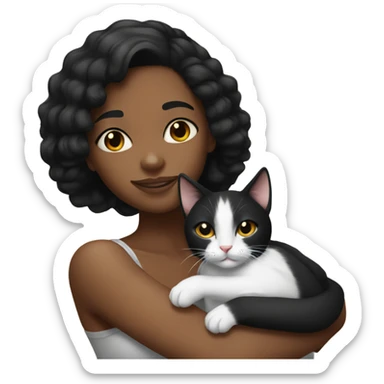  Tanned black woman with black hair hugging a black and white cat  sticker