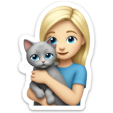 Blonde blue eyed girl hugs her grey cat  sticker