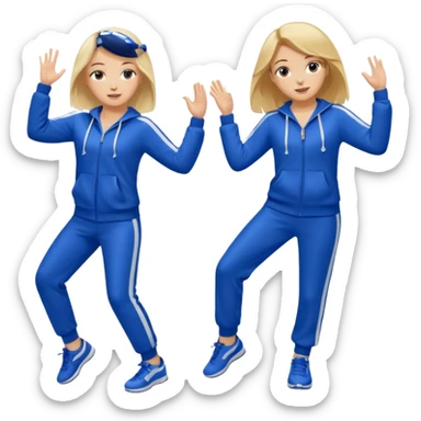 two girls dancing one is blond and one is brunette they are wearing royal blue track suits sticker