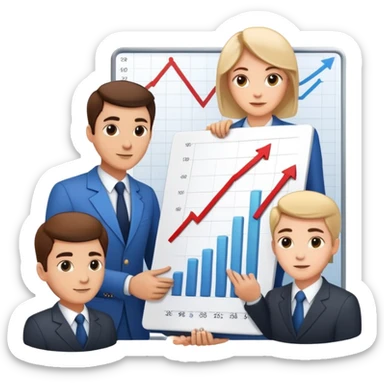 Professional leader with chart showing growth, presenting to team sticker