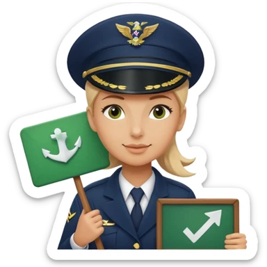 Slack-style emoji of a pilot wearing a slightly tilted navy captain hat holding a green board with a white check mark sticker