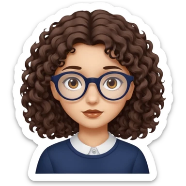 medium fair-skinned girl with brownish hazel eyes, roundish ovalish dark navy glasses, wavy curly choco brown hair, neutral expression sticker