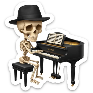 a human skeleton in anatomical proportion wears a black hat and plays the piano sticker