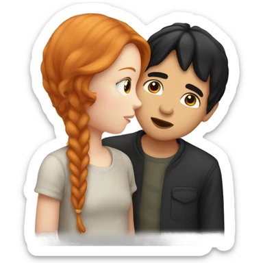 pale girl with ginger hair kissing a boy with black hair and asian-turkish looking guy on the cheeks  sticker