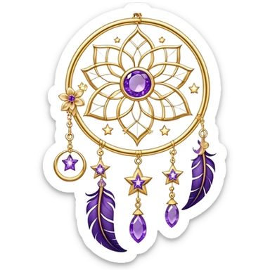 Epic beautiful gorgeous cute gold suncatcher, threads with shiny sparkly amethyst gemstones, flowers, crescents-moons, stars, violet Feather sticker