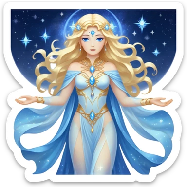 fullbody universe goddess Sophia, Ethereal Light Being, Made of starlight and fractals, Glowing white/gold skin with flowing translucent robes, Hair blue like galaxy mist, Jewelry made of stars and crystals sticker