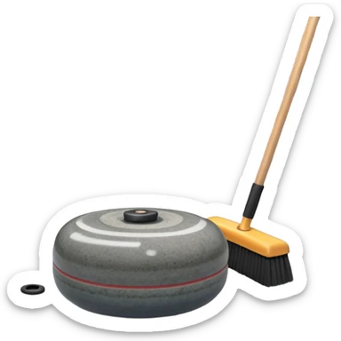 An icon showing a detailed close-up of a curling stone sliding across the ice, with a broom in motion beside it. The background features an indoor stadium with cheering spectators on the stands. Transparent background captures the strategy and focus of curling. sticker