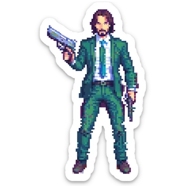 John Wick in pixel art style, with pistols, dynamic stance, pixelated, minimal background sticker