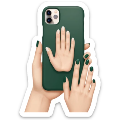 female hand with nude manicure (5 fingers) holding a white iPhone in a dark green case, clean background, minimalist sticker