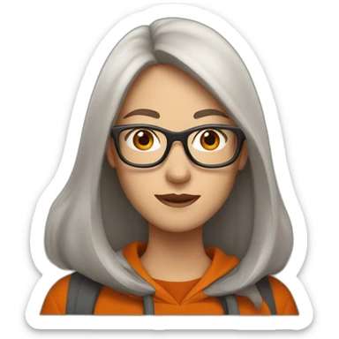 pale woman with glasses with long straight brown hair waving wearing a dark orange hoodie sticker