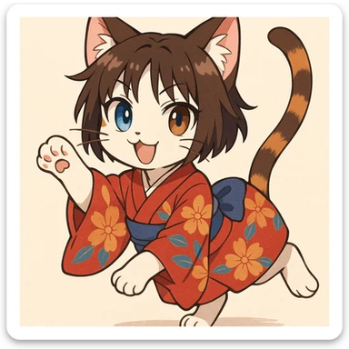 Ryougi Shiki as a playful anime-style cat, with blue and brown eyes, short hair, and a kimono pattern on her fur sticker