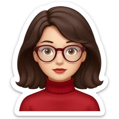 A girl has fair skin wavy dark brown hair, has glasses and almond brown eyes wears red turtle neck sticker