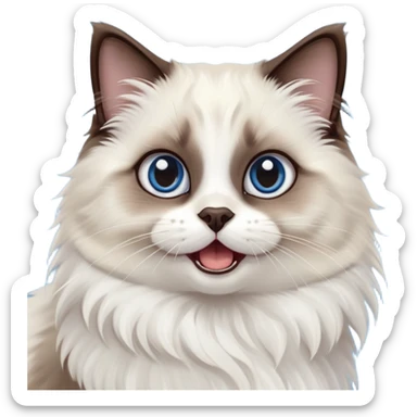 cinematic-adorable-big-eyed-fluffy-dark brown and white seal ragdoll-cat-portrait-emoji,-head-tilted-playfully-with-a-cute,-yawn,-soft-brown pointed seal-and white-colored-fur-with-darker-points-on-the-ears,-simplified-yet-irresistibly-cute-features, sparkling blue eyes sticker