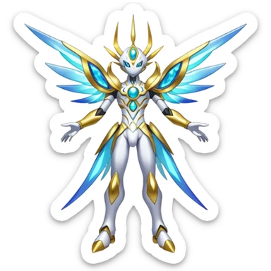 Shiny Futuristic Celestial Godly Divine Ethereal Magical Fakemon-Pokemon-Digimon-Spectrobes-fusion, full body sticker