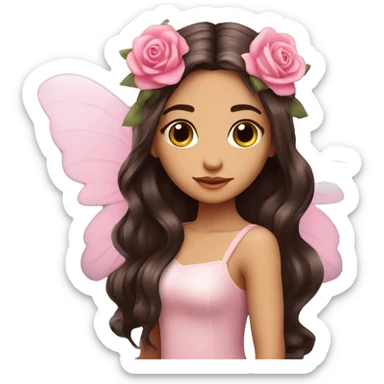 Beautiful, rose, fairy, pink, flowers in hair, long dark brown hair, big wings, fair skin sticker