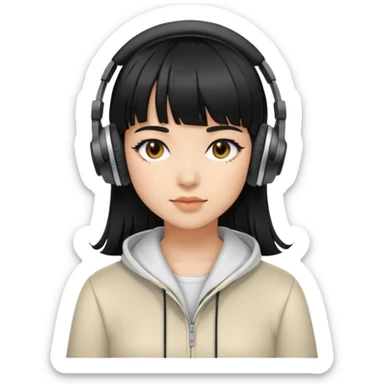 Con gái, đeo tai nghe, tóc đen, để mái sticker