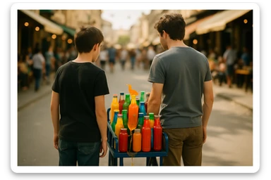 endi shu aravani bir balonchasi singan ko'rinishda va aka uka uning yonida turganini tasvirla yuzlari ko'rinmasin sticker