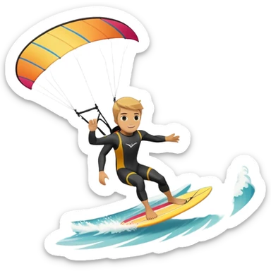 An athlete in a wetsuit riding a kiteboard, soaring over the sea waves with the kite high in the sky. The background features a vibrant blue sky and crashing ocean waves, capturing the thrill and freedom of kitesurfing in dynamic motion. sticker