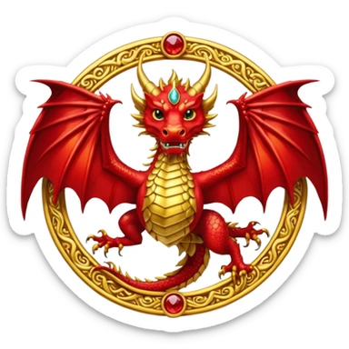 Golden Dragon with wings crest/brosch in a circle with red gems sticker