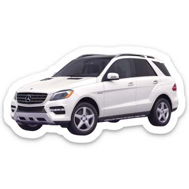 3D style image of a 2015 Mercedes Benz ML350 SUV, white exterior, black interior, front angle sticker