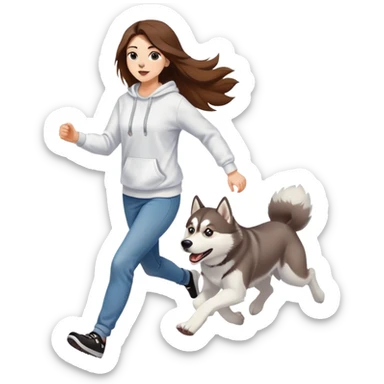 The husky is running in front, and a beautiful girl with long hair wearing a white sweatshirt and jeans is chasing behind. sticker