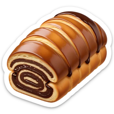 Cinematic warm pain au chocolat, flaky golden-brown pastry with a rich chocolate filling peeking through, perfectly crisp exterior, soft glowing highlights, inviting and indulgent. sticker