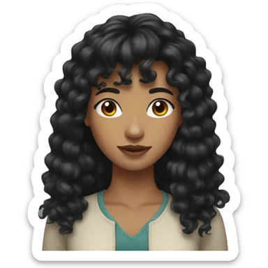woman with long black curly hair and bangs and dark brown eyes sticker