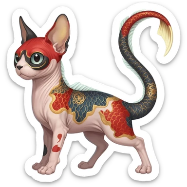 Hyper-realistic cute Japanese oriental Asian Edgy badass swimmy wet painted intricate ornate Japanese Asian koi-Minccino-Lykoi-Emolga-Sphynx-Linoone-Zangoose-fusion-hybrid-animal-Fakémon-creature, full body, thin long sleek scaly tail, intricate markings sticker