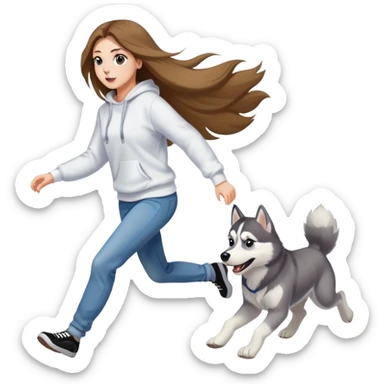 A beautiful girl with long hair wearing a white sweatshirt and jeans is chasing a husky sticker