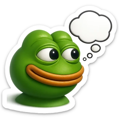 make a pepe in bright green smiling with thought bubble looking at right right in 3d style, good highlights and shadows, drop shadows sticker