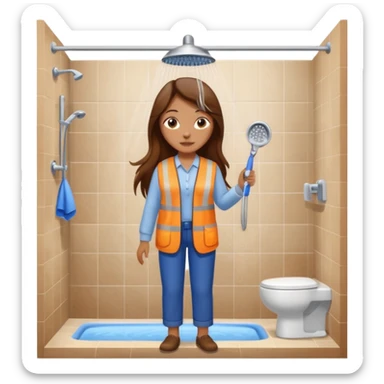 beautiful girl with long brown hair constructing new bathroom area with new shower and amenities  sticker